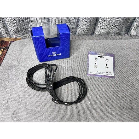 Swarovski Bracelet Double Wrap Black Suede Crystals Mist Earrings Lot - Picture 2 of 7